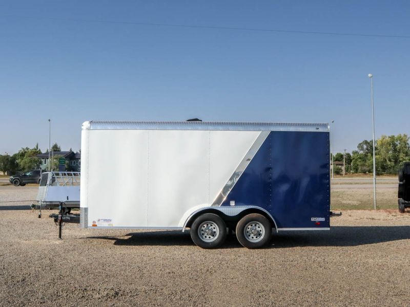 *Clearout Price- SAVE $1,800!* 2022 Continental Cargo Tailwind 8' x 16' (White & Blue, 5K Axles, Ramp Door)
