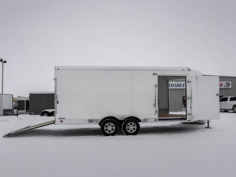 2023 Continental Cargo Auto Plus 8.5' x 18' + 4' V-Nose (White, 5K Axles) Car/Sled Combo